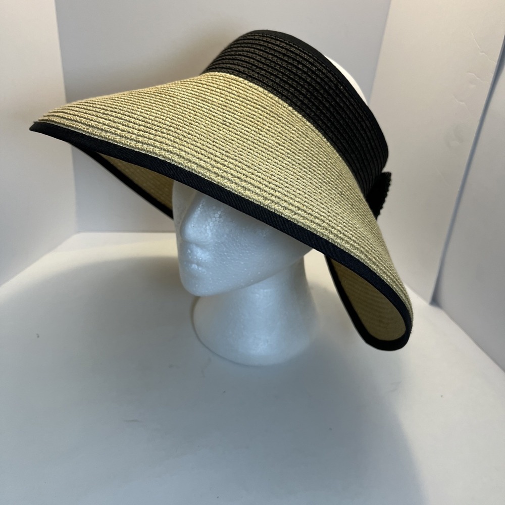 Magid Straw Visor Hat Black Trim Wide Brim Roll-Up‎ Sun Hat w/ Bow 100% Paper